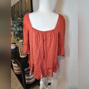 Floreat Anthropologie Women's Ruffle Beaded Blouse Top Rust Boho Retro S